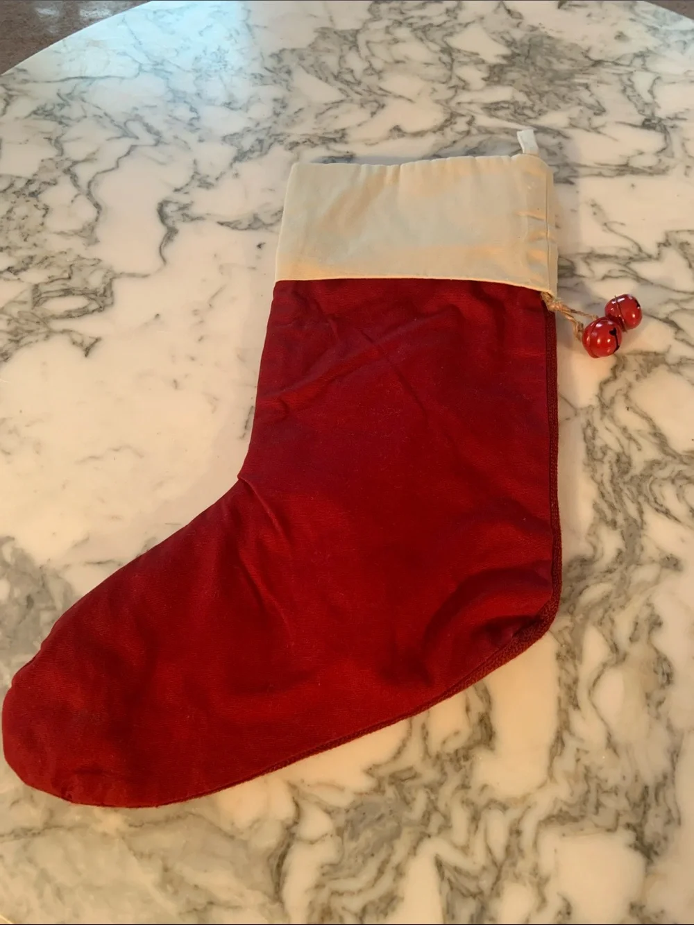 Pottery Barn Red and Cream Embroidered Santa Reindeer Stocking Anna